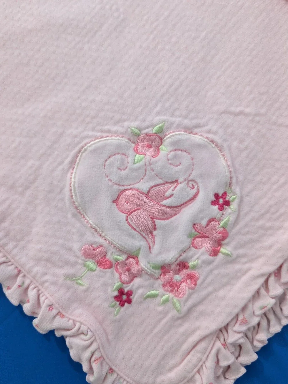 Little Wonders Pink Ruffle Baby Blanket with Tiny Bird & Floral Motif.